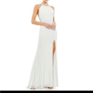 Mac Duggal Embellished Halter Formal dress white low back high slit size 6